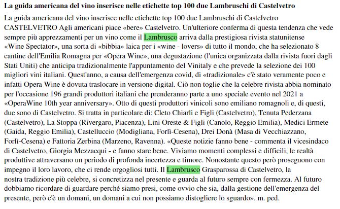 La guida americana del vino inserisce nelle etichette top 100 due lambruschi di Castelvetro